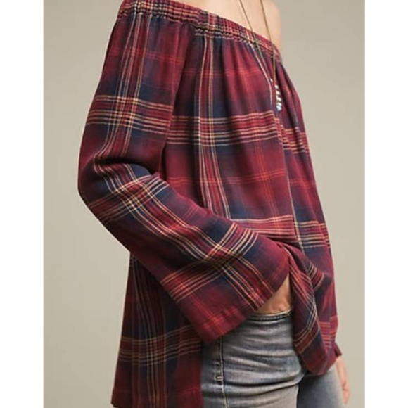 Anthropologie Cloth & Stone Homestead Plaid Off the Shoulder Blouse // S - Picture 2 of 11